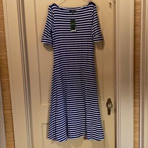 Ralph Lauren midi striped dress. Cuff sleeves and swing skirt on the bias. New.
